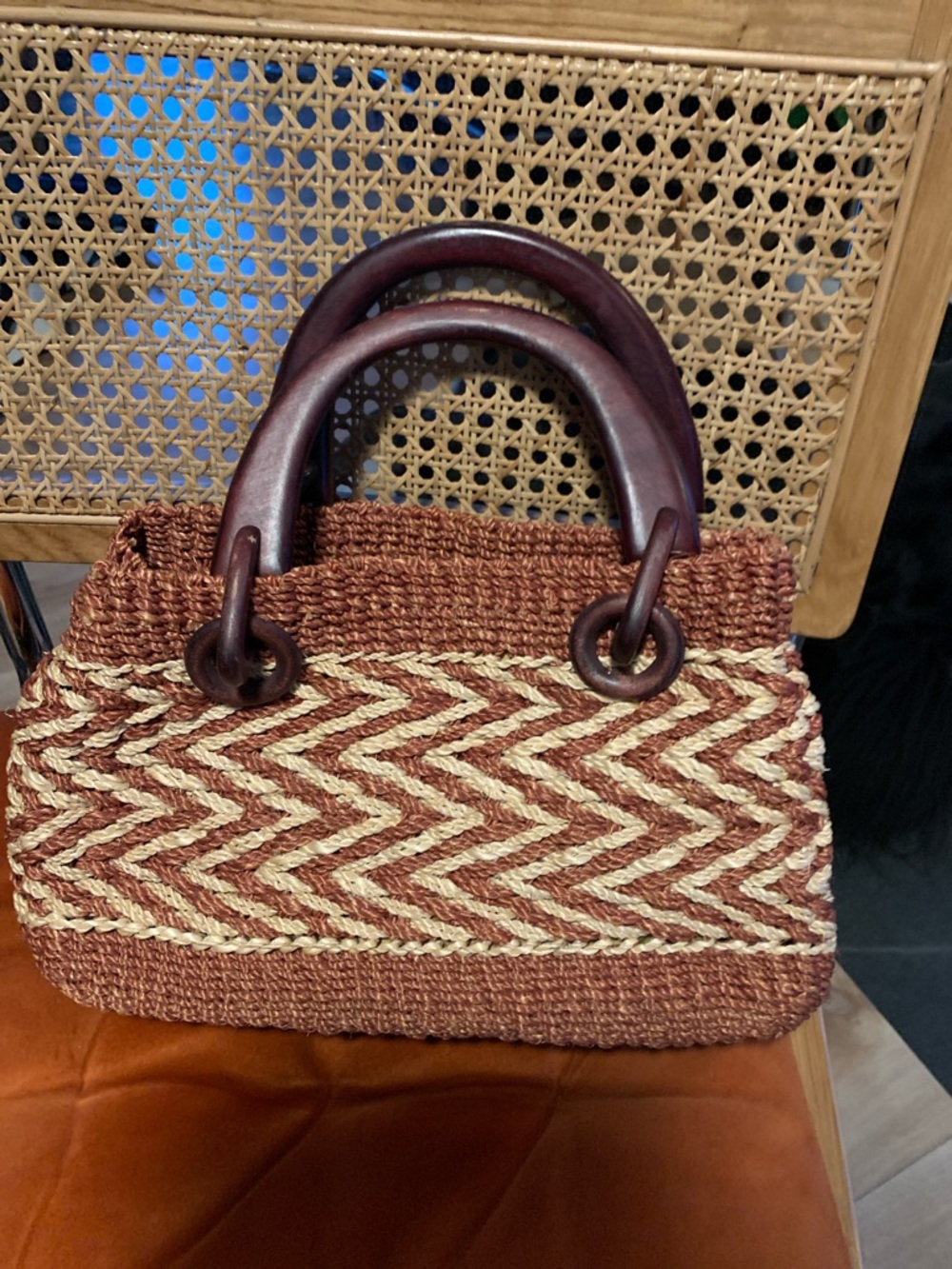 Vintage Rust & Natural Woven Tote with Wooden Handles